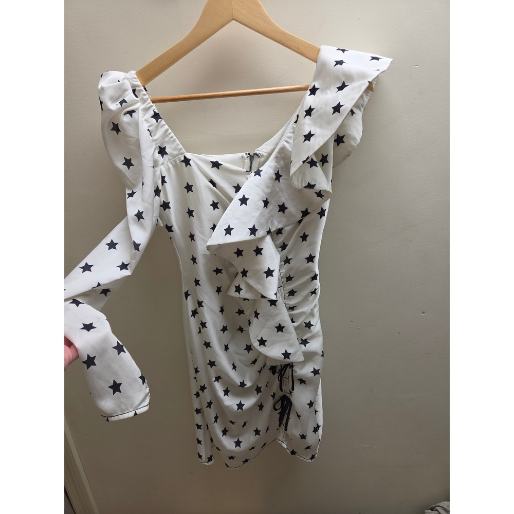 Self-Portrait Star Print Ruffle Mini Dress White Black Asymmetric US‎ 4 UK 8